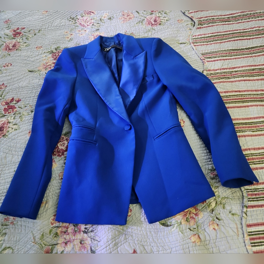 ZARA WOMEN TUXEDO JACKET DINNER FORMAL BLAZER INK BLUE SIZE S W/ Pants XS